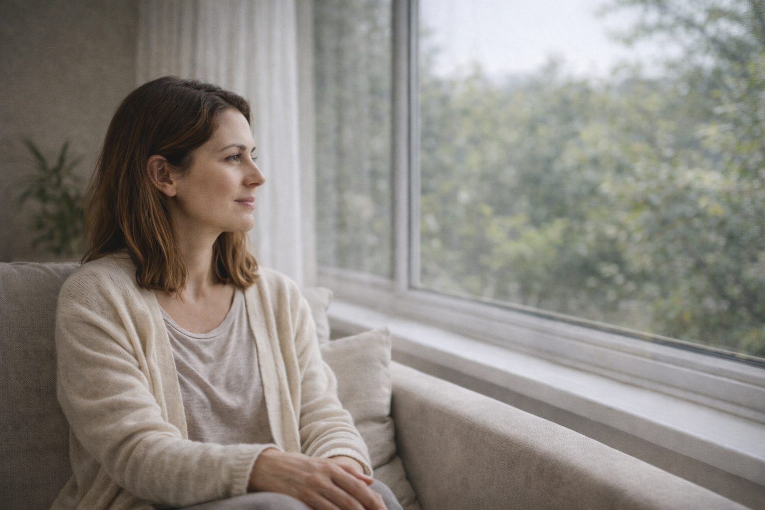 Mulher olhando pela janela em momento de reflexão relacionado à ansiedade em Itapetininga