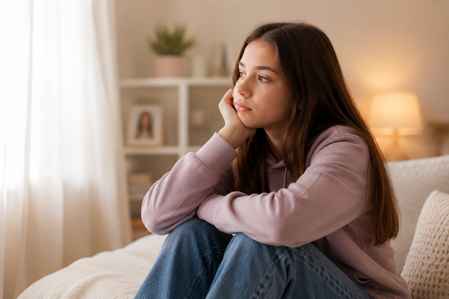 Adolescente introspectiva representando mudanças emocionais na adolescência