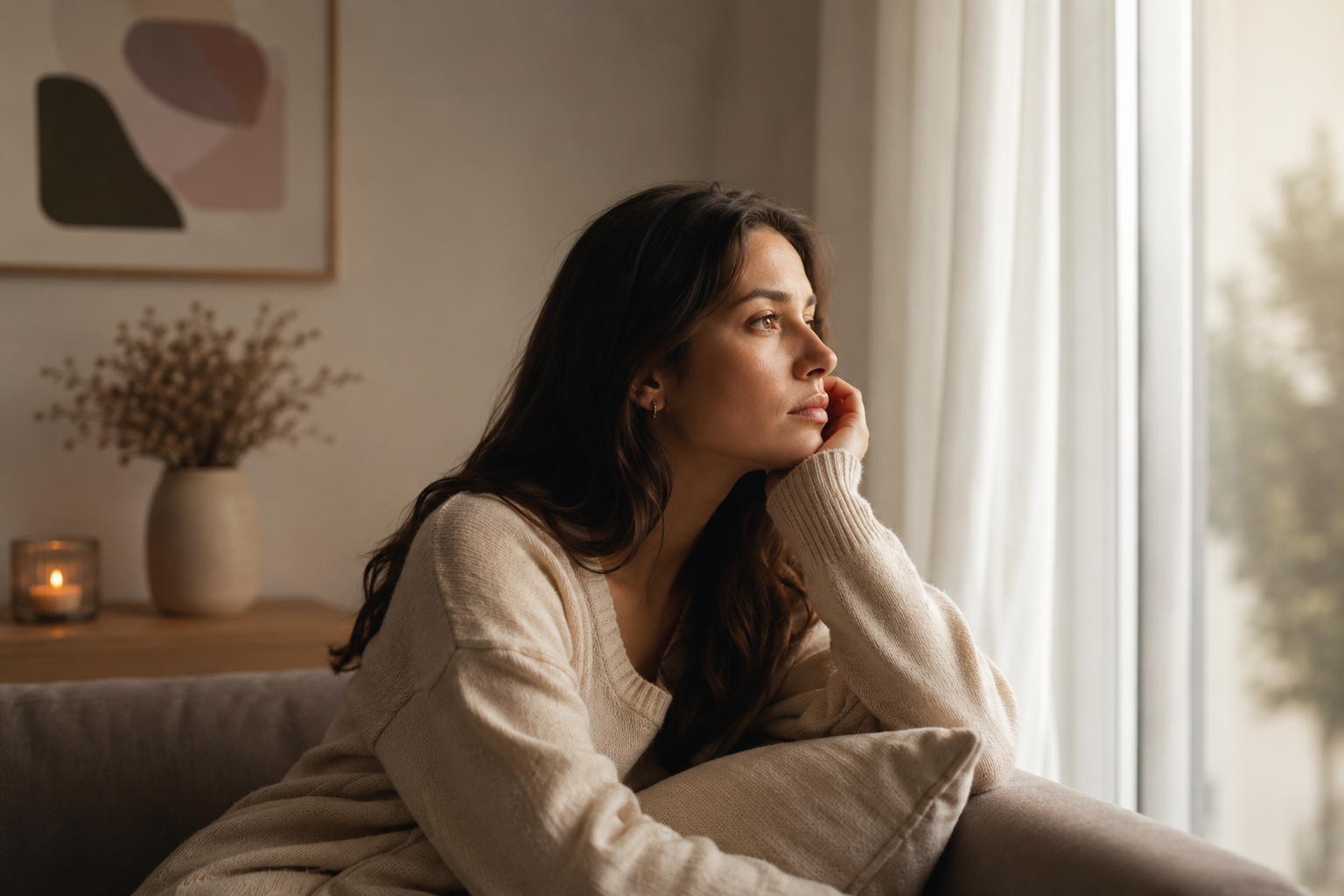Mulher introspectiva representando baixa autoestima e sentimento de insuficiência emocional