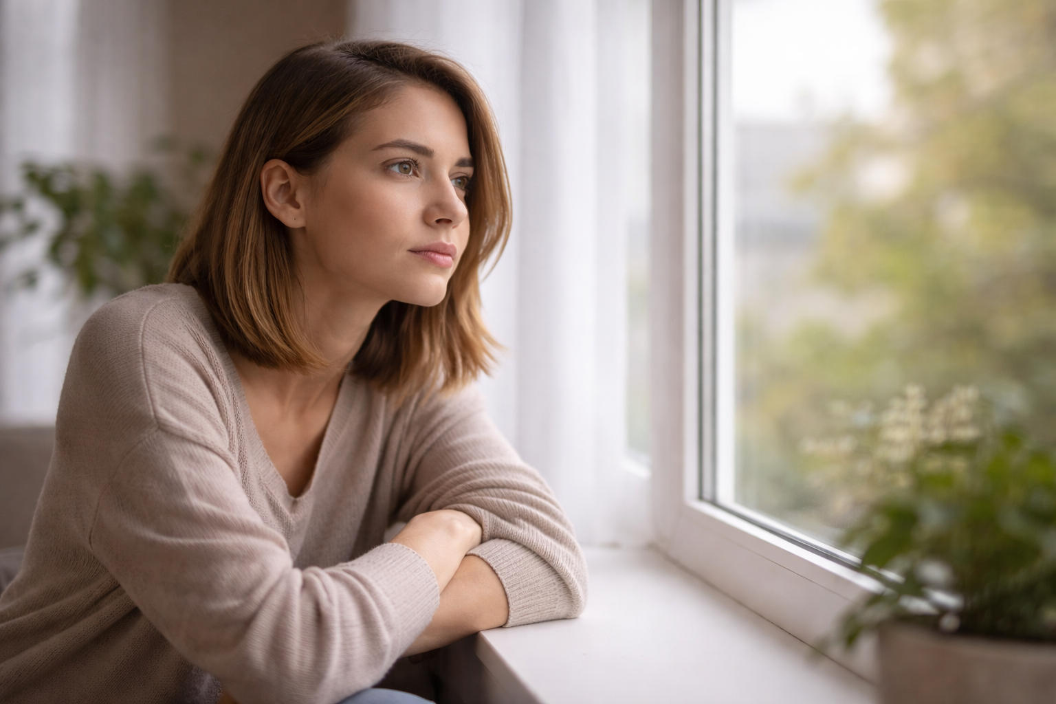 Pessoa em momento de reflexão emocional olhando pela janela