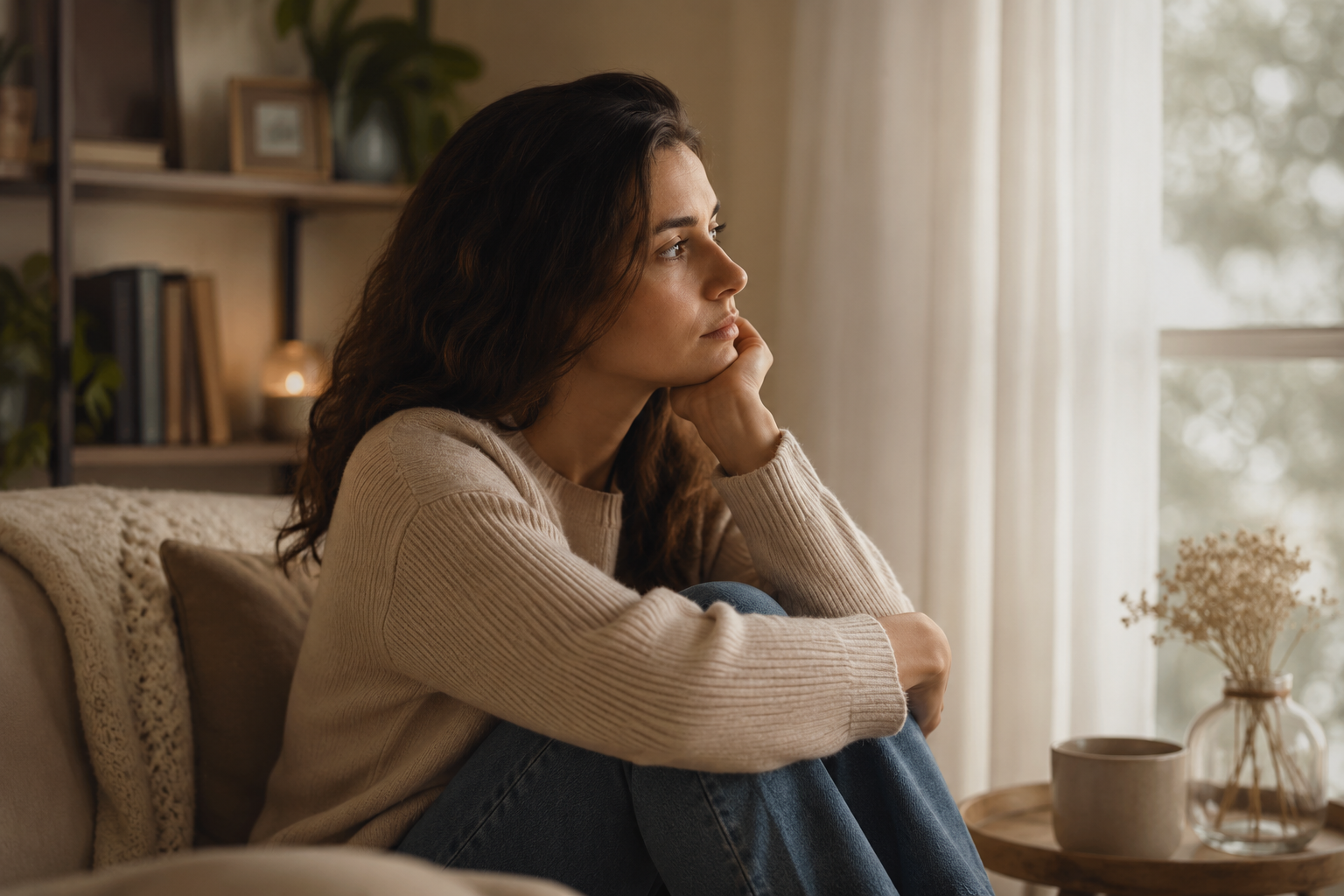 Pessoa pensativa em ambiente acolhedor representando desgaste emocional nos relacionamentos